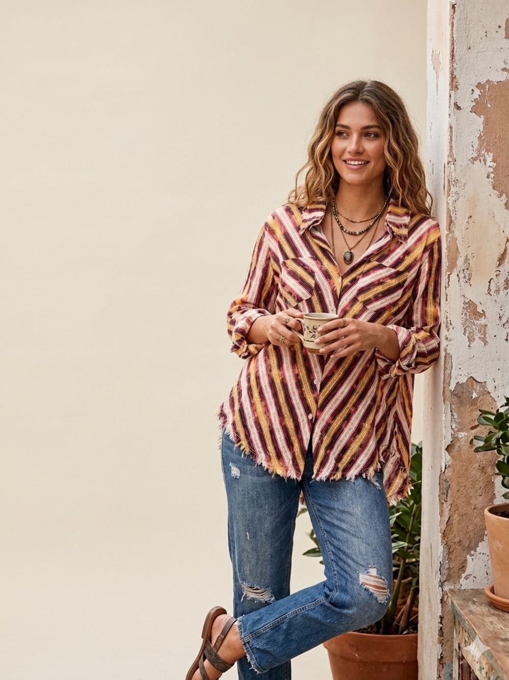 Striped Button-Down Shirt with Frayed Hem - Pink, Yellow & Cream